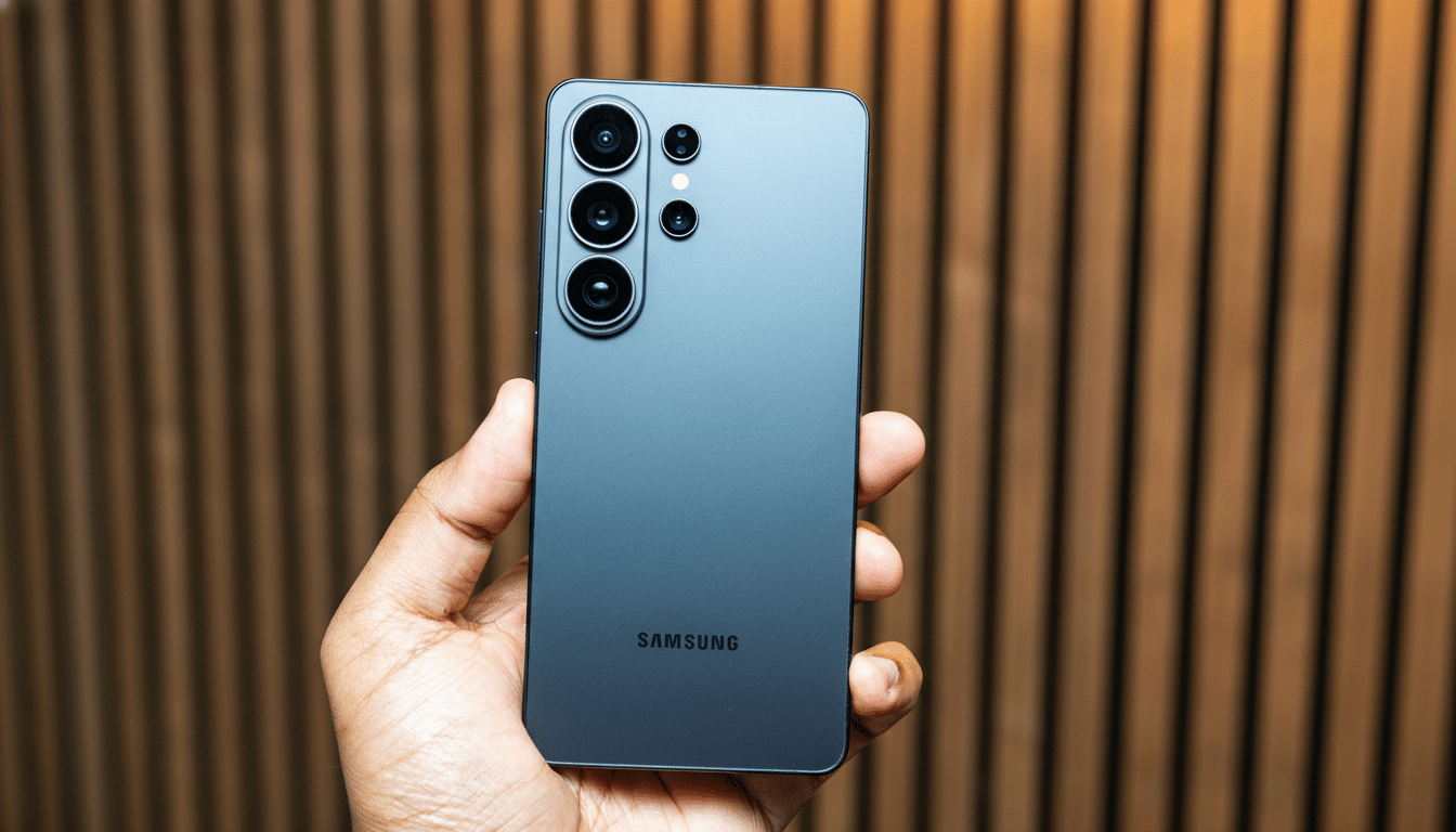 A hand holding a dark gray Samsung smartphone with multiple camera lenses on the back, against a blurred background of vertical wooden slats.