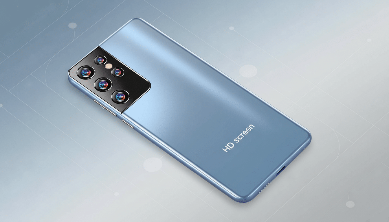 A light blue smartphone with multiple camera lenses on the back, presented on a professional flat design background with soft patterns and gradients.