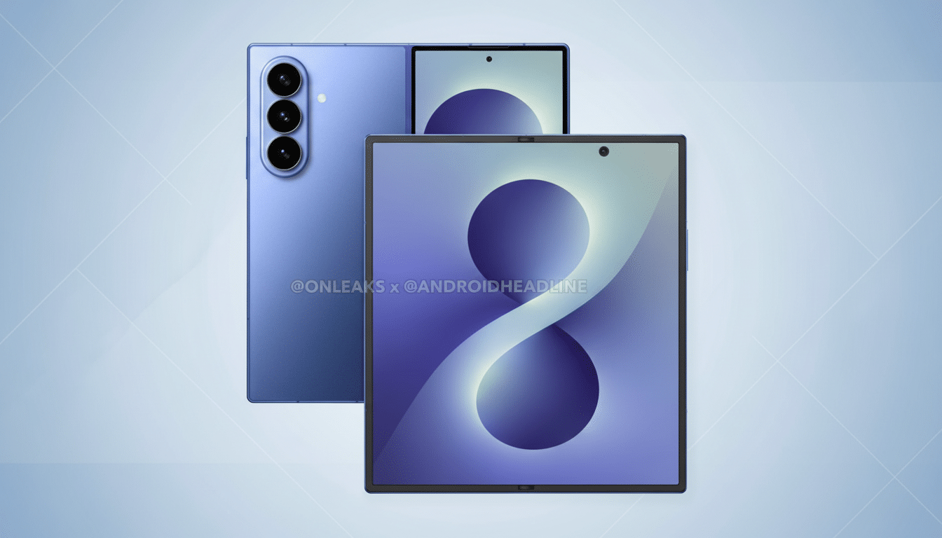 A blue foldable smartphone is shown in a 16:9 aspect ratio, with its screen displaying a purple and white abstract design. The phone is partially unfolded, revealing its back with a triple camera setup. The background is a professional flat design with soft blue gradients.