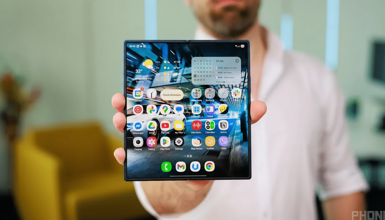 A man holding a foldable smartphone with its screen displaying various app icons and widgets.
