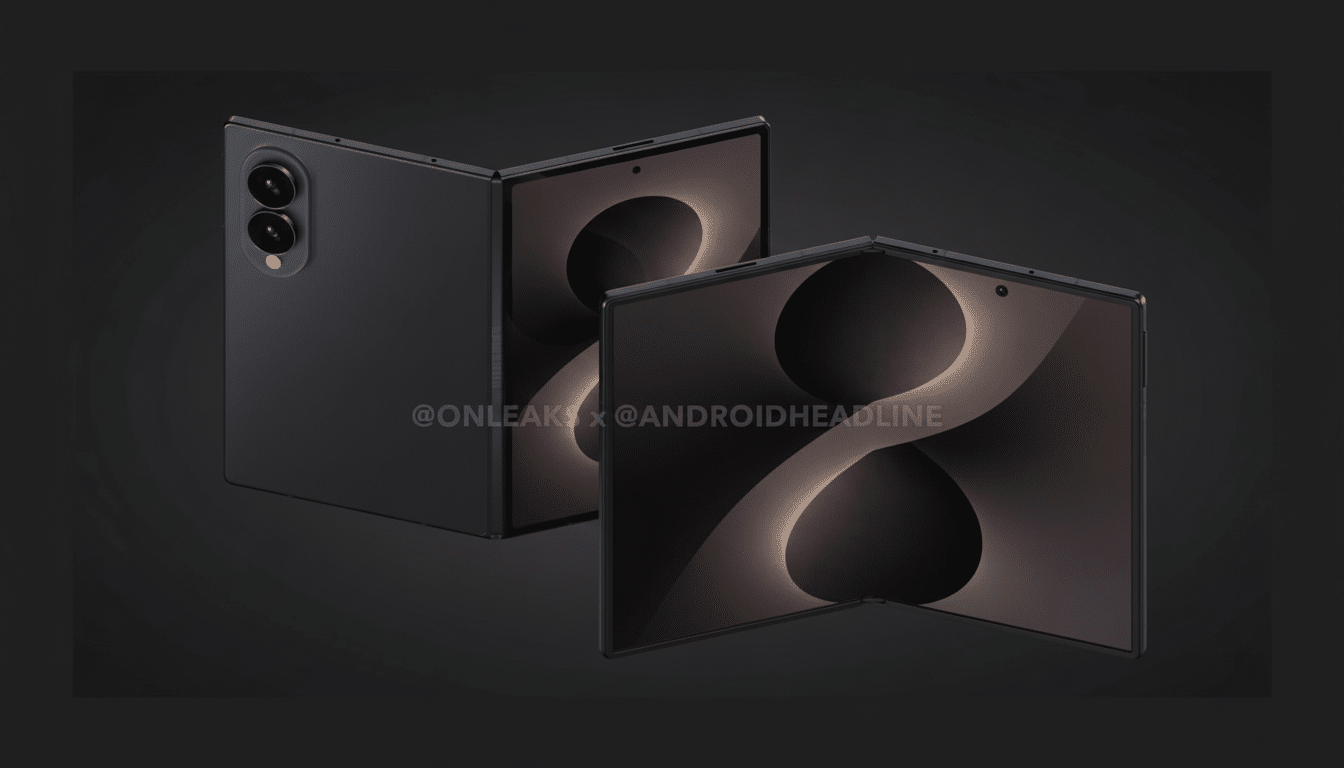 A black foldable smartphone is shown from two angles, one slightly open and the other fully open, against a dark background.