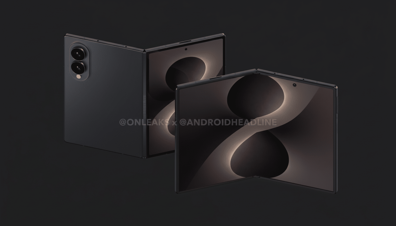 A black foldable smartphone is shown from two angles, one slightly open and the other fully open, against a dark background.