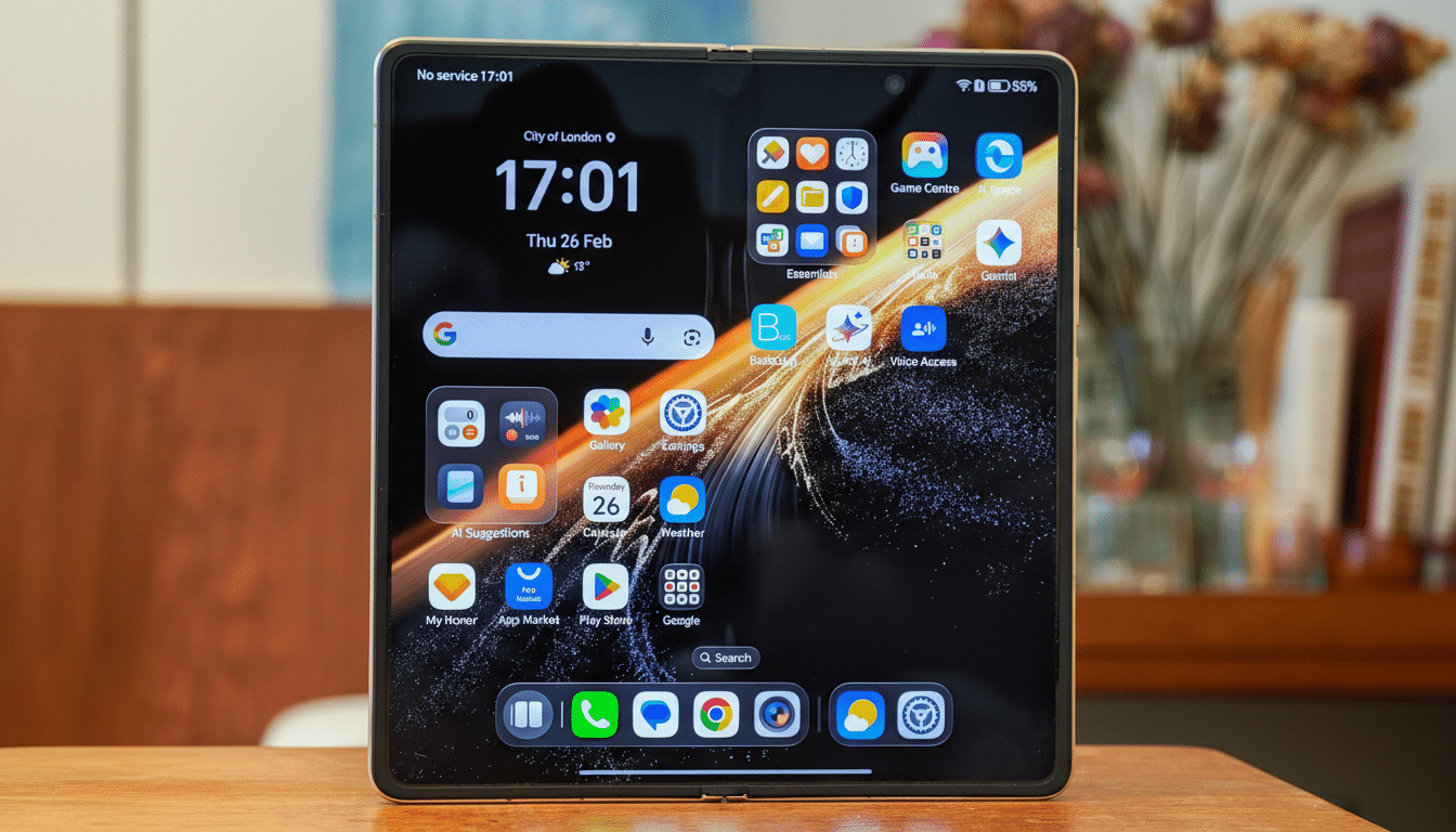 A smartphone with a foldable screen is displayed on a wooden surface, showing its home screen with various app icons and widgets.