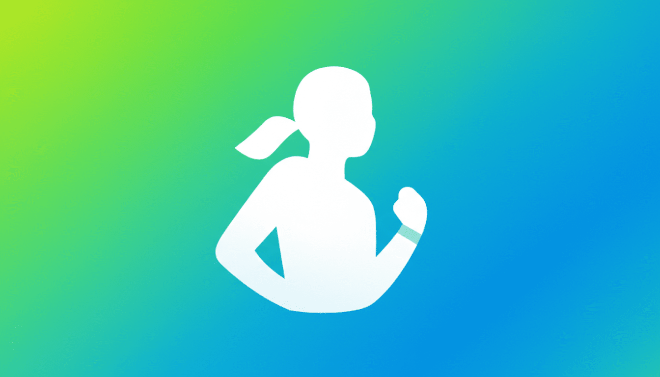 A white silhouette of a person with a ponytail and a fitness tracker on their wrist, set against a gradient background of green blending into blue.