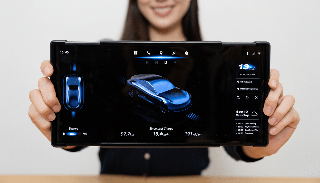 A person holding a tablet displaying a car interface with battery information and navigation.