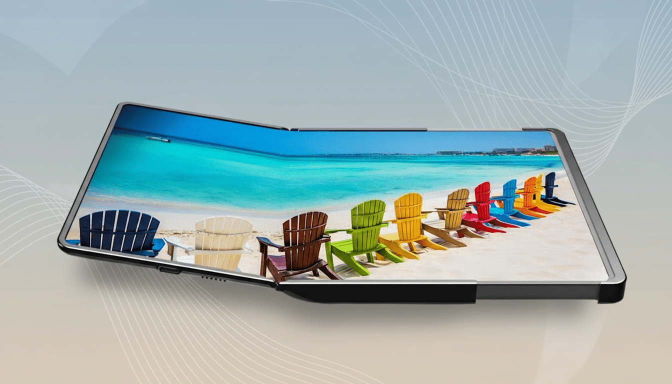 A smartphone displaying a beach scene with colorful chairs, set against a professional flat design background with soft patterns.