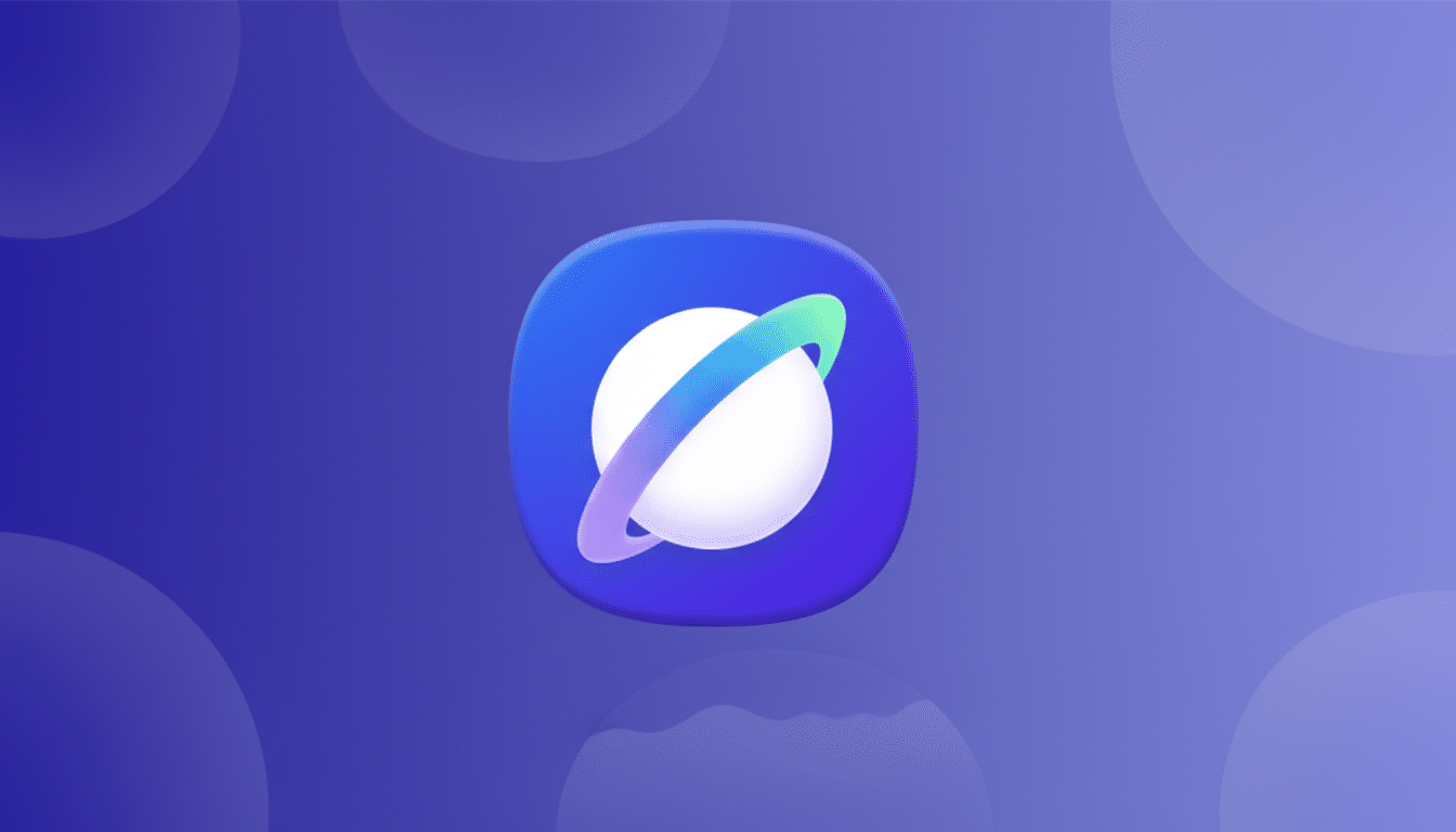 A 16:9 aspect ratio image featuring a blue square icon with rounded corners, containing a white sphere encircled by a gradient ring of blue, green, and purple, set against a professional flat design background with soft blue and purple gradients and subtle circular patterns.