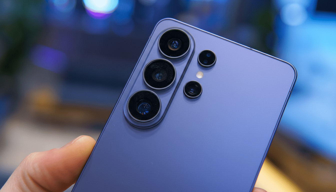 A hand holding a purple smartphone, showcasing its multiple camera lenses on the back.