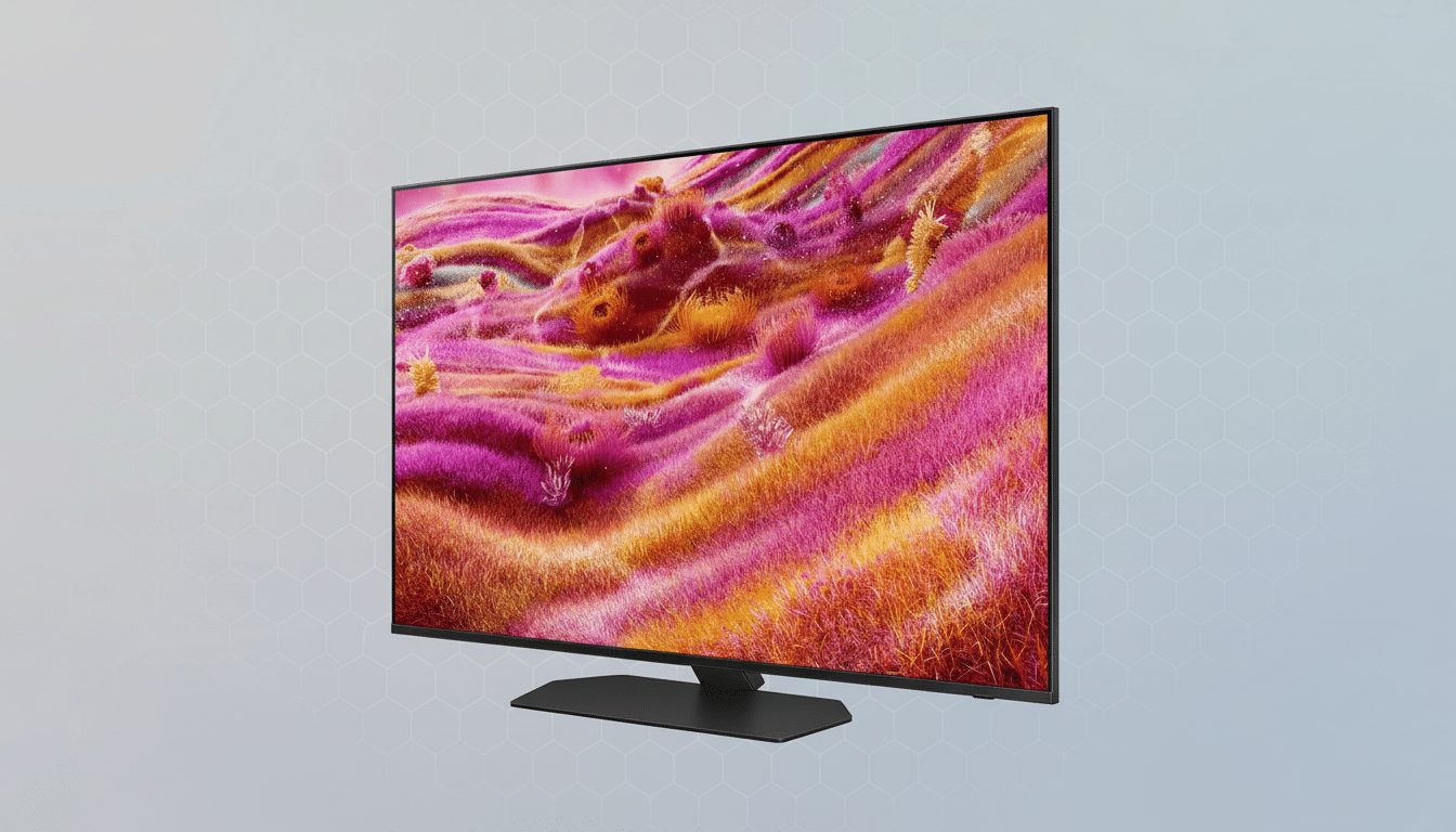 A modern television displaying a vibrant, abstract landscape, set against a professional light gray background with a subtle hexagonal pattern.