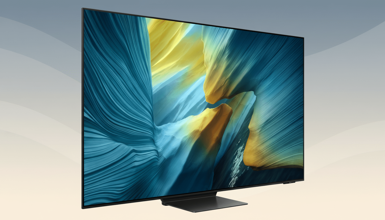 A sleek, modern television displaying an abstract image of blue and yellow flowing lines, set against a professional flat design background with soft, wavy gradients in muted tones.