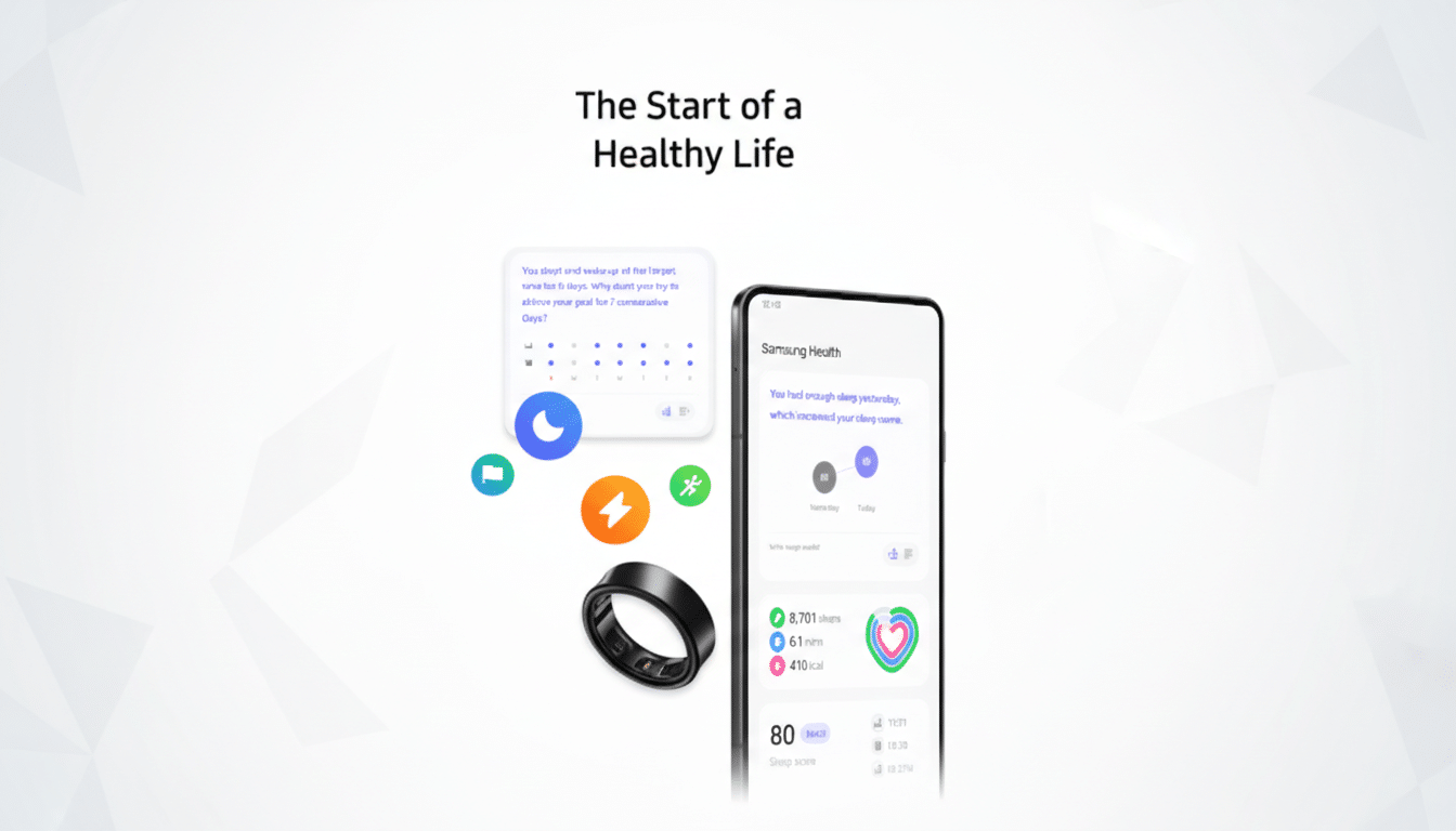 A Samsung Health app interface on a smartphone, a smart ring, and various health-related icons, all set against a clean, professional background with the text The Start of a Healthy Life.
