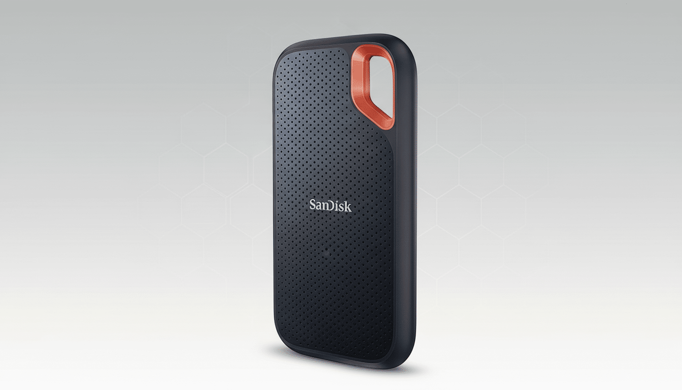 A black SanDisk portable SSD with an orange loop, presented on a professional flat design background with subtle hexagonal patterns.