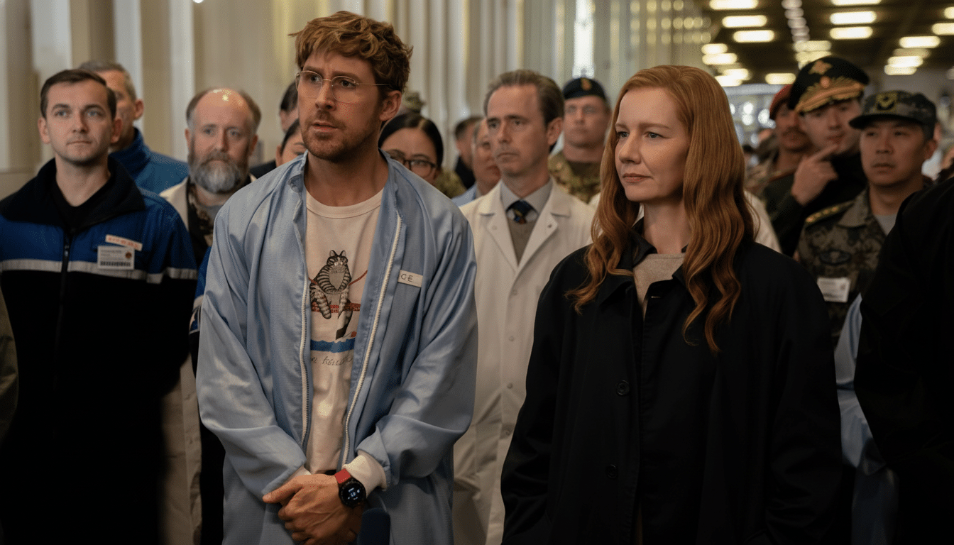 A man and a woman stand in a crowd, looking forward. The man wears glasses and a light blue jumpsuit over a t-shirt, and the woman wears a dark coat.