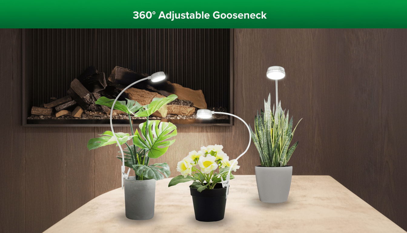 A 16:9 aspect ratio image of three potted plants with adjustable gooseneck grow lights, set against a professional background with a fireplace.