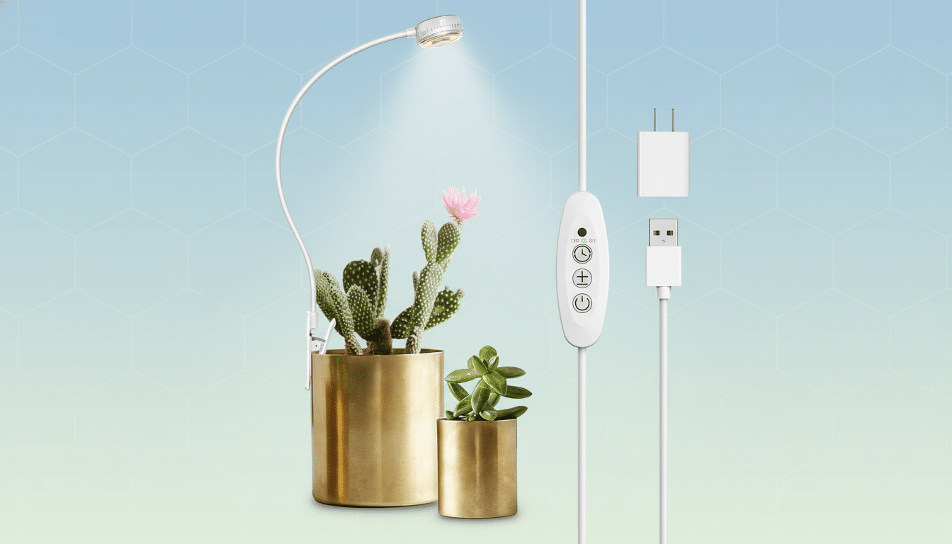 A white grow light with a flexible arm illuminating two potted plants, a cactus with a pink flower and a succulent, both in gold pots. To the right, the grow lights white control panel with buttons for timer, brightness, and power, along with its USB cable and wall adapter, are displayed against a light blue background with a subtle hexagonal pattern.