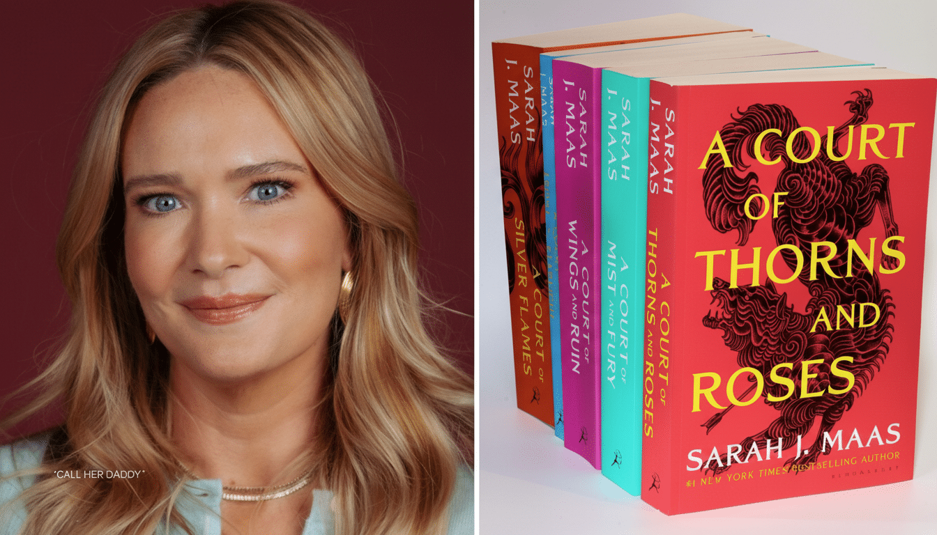 A split image showing a woman with blonde hair and blue eyes on the left, and a series of A Court of Thorns and Roses books by Sarah J. Maas on the right.