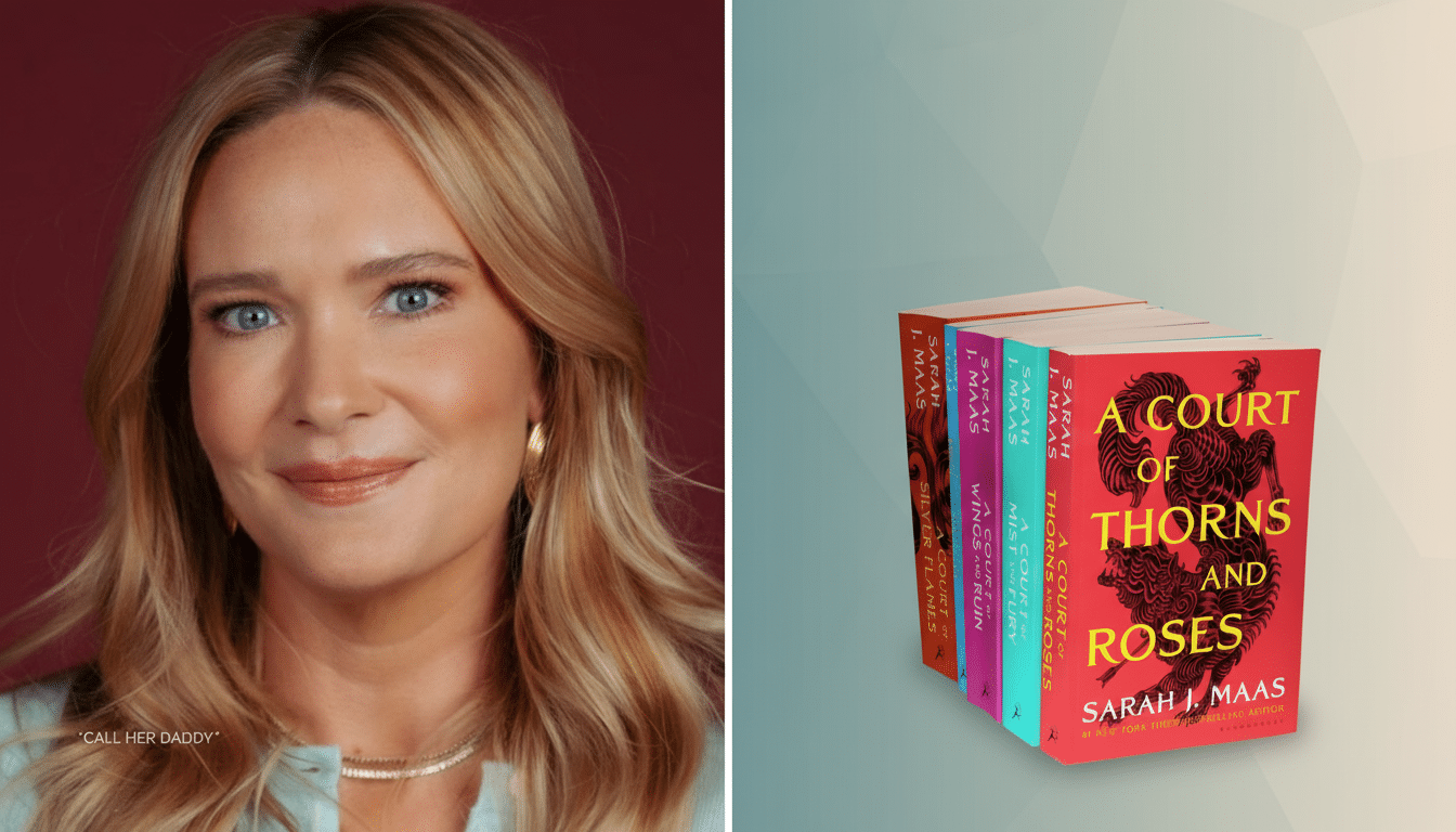 A split image showing a woman with blonde hair and blue eyes on the left, and a series of A Court of Thorns and Roses books by Sarah J. Maas on the right, set against a gradient background.