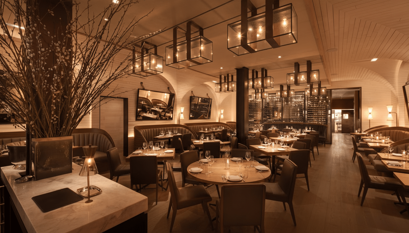A professionally enhanced image of a restaurant interior, resized to a 16:9 aspect ratio, featuring warm lighting, set tables, and a stylish, modern design.