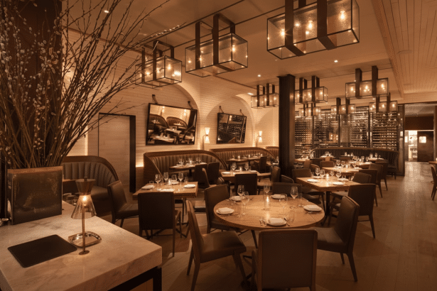 A professionally enhanced image of a restaurant interior, resized to a 16:9 aspect ratio, featuring warm lighting, set tables, and a large decorative plant in the foreground.