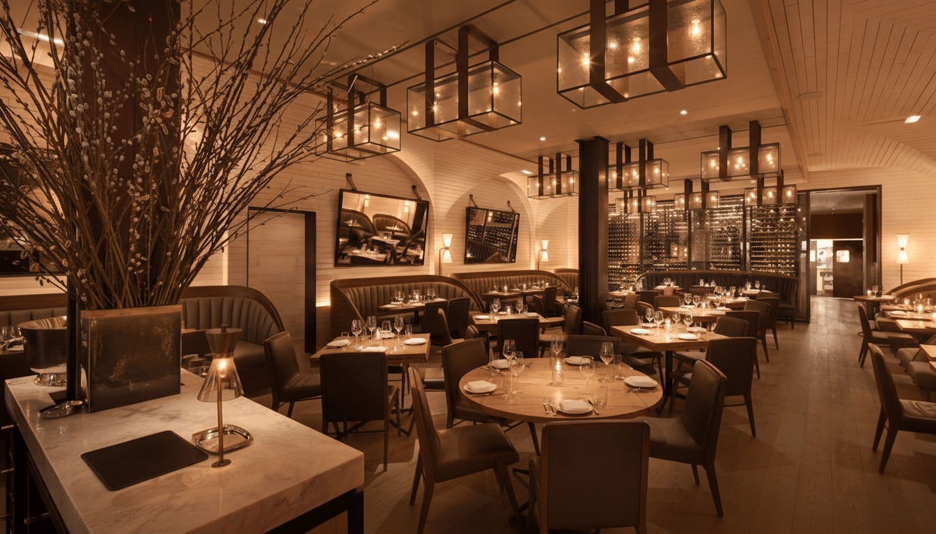 A professionally enhanced image of a restaurant interior, resized to a 16:9 aspect ratio, featuring warm lighting, set tables, and a large decorative plant in the foreground.