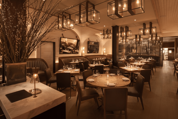 A professionally enhanced image of a restaurant interior, resized to a 16:9 aspect ratio, featuring warm lighting, set tables, and a wine display.