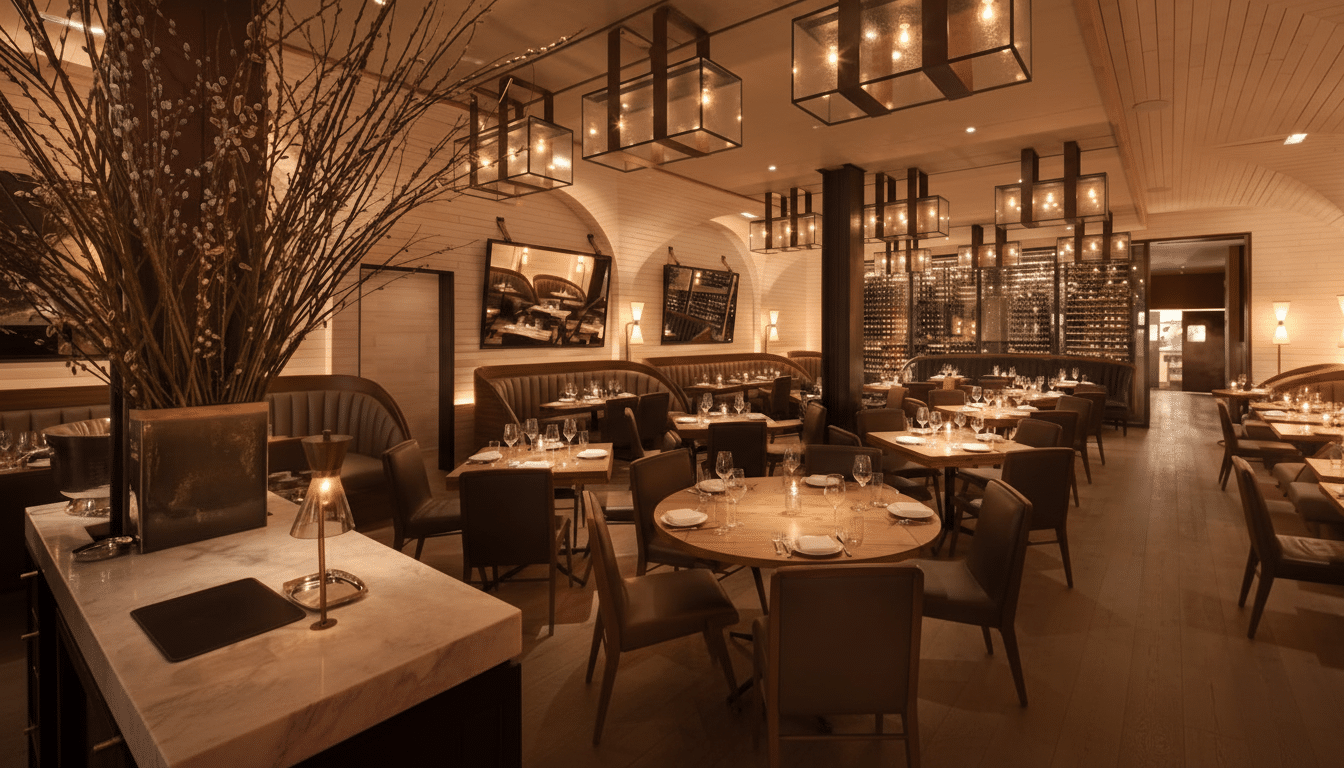 A professionally enhanced image of a restaurant interior, resized to a 16:9 aspect ratio, featuring warm lighting, set tables, and a wine display.