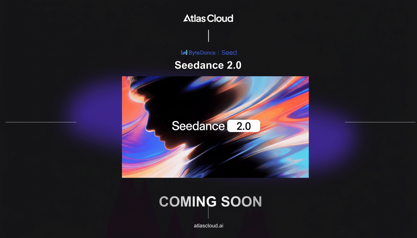 The image was resized to a 16:9 aspect ratio while preserving the original background and content. At the top is the Atlas Cloud logo, followed by ByteDance | Seed and Seedance 2.0. The center image shows a silhouette of a human head with vibrant swirling colors inside, overlaid with Seedance 2.0 text. COMING SOON will be displayed below and atlascloud.ai will be displayed at the bottom.