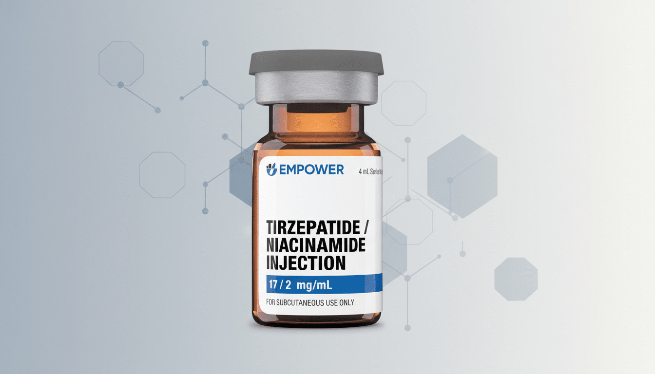A professional image of a Tirzepatide / Niacinamide Injection vial by Empower, set against a clean, light gray background with subtle geometric patterns, resized to a 16:9 aspect ratio.