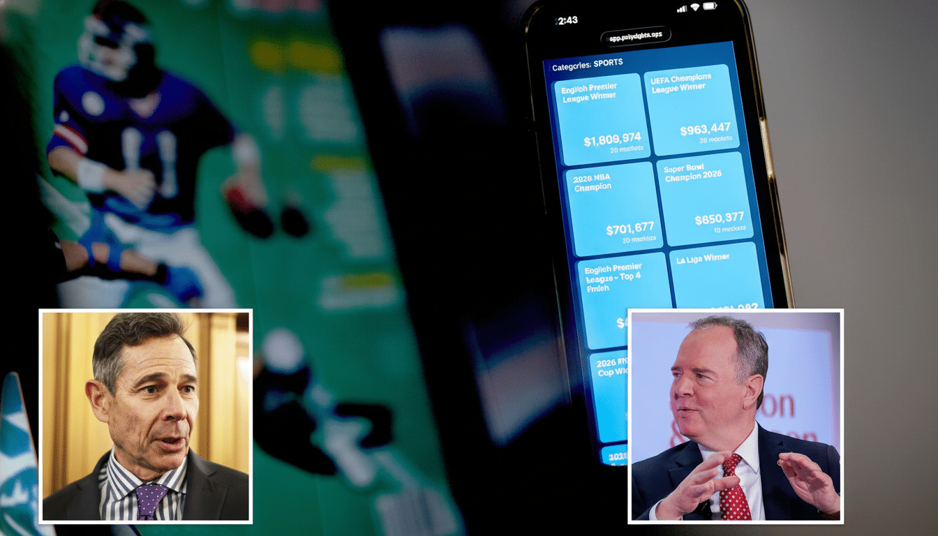 A 16:9 aspect ratio image featuring a smartphone displaying sports betting odds, with two inset images of men in suits. The background shows a blurred image of a football player.