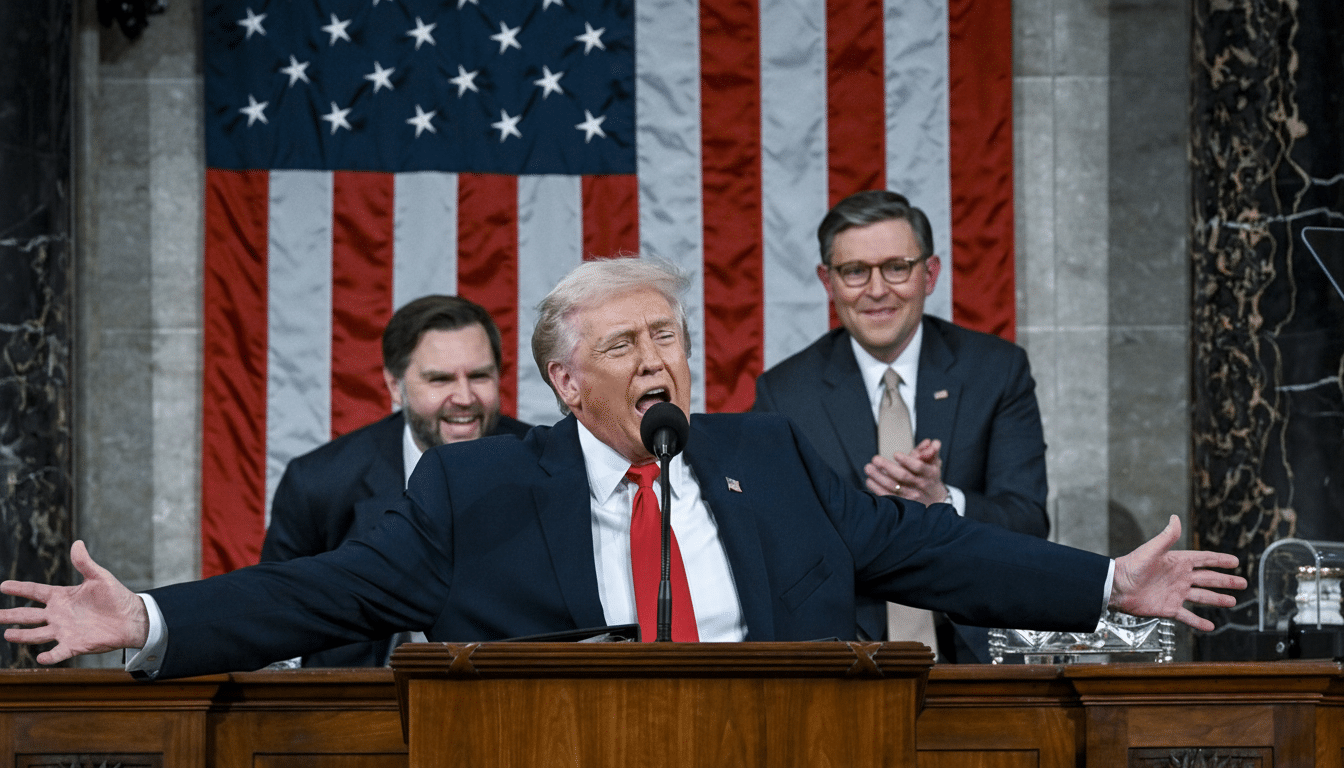 Donald Trump speaking at a podium with his arms outstretched, with an American flag behind him and two men smiling in the background.
