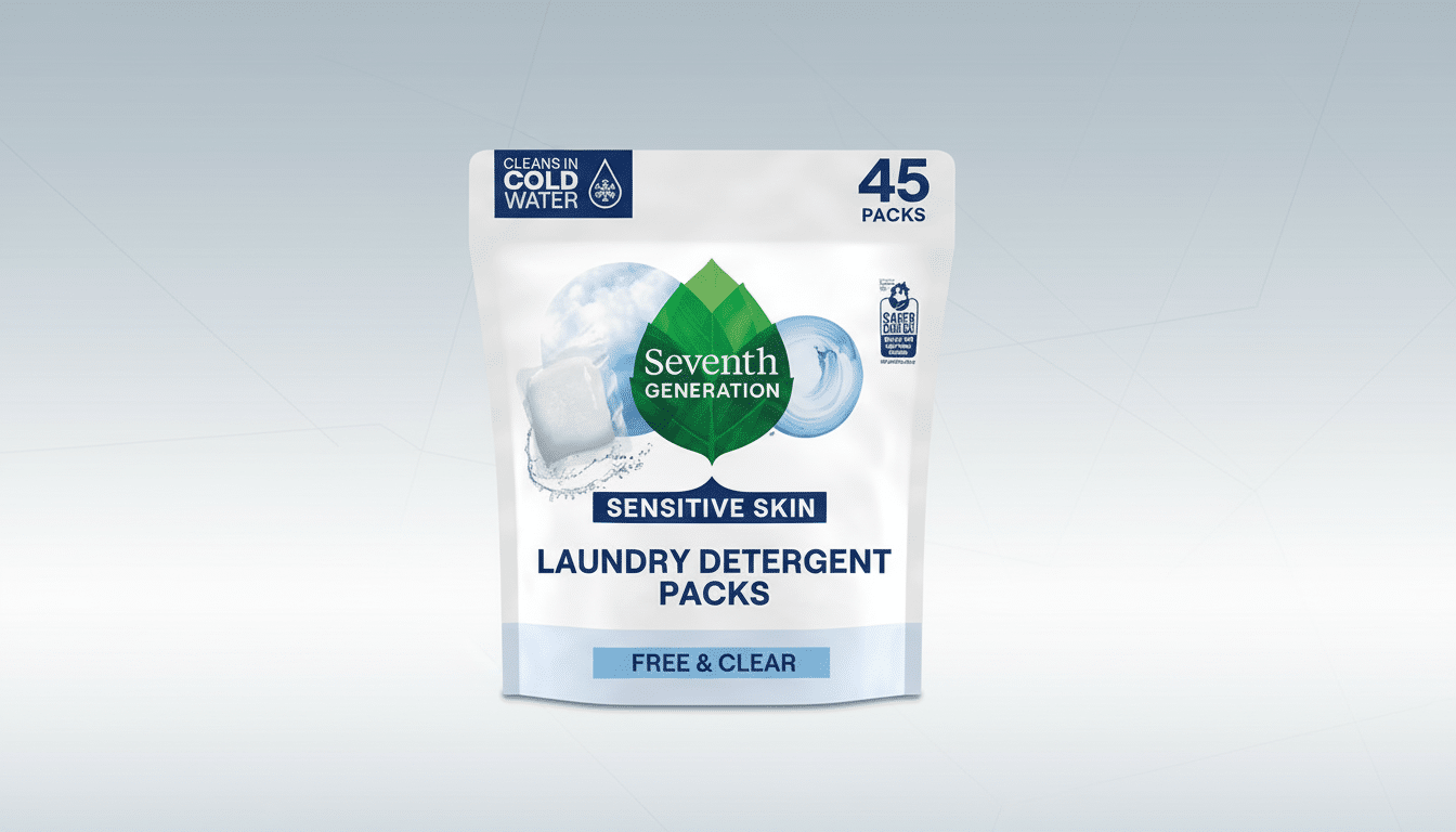 A 16:9 aspect ratio image of Seventh Generation Sensitive Skin Laundry Detergent Packs, Free & Clear, 45 packs, on a professional flat design background with soft gradients.