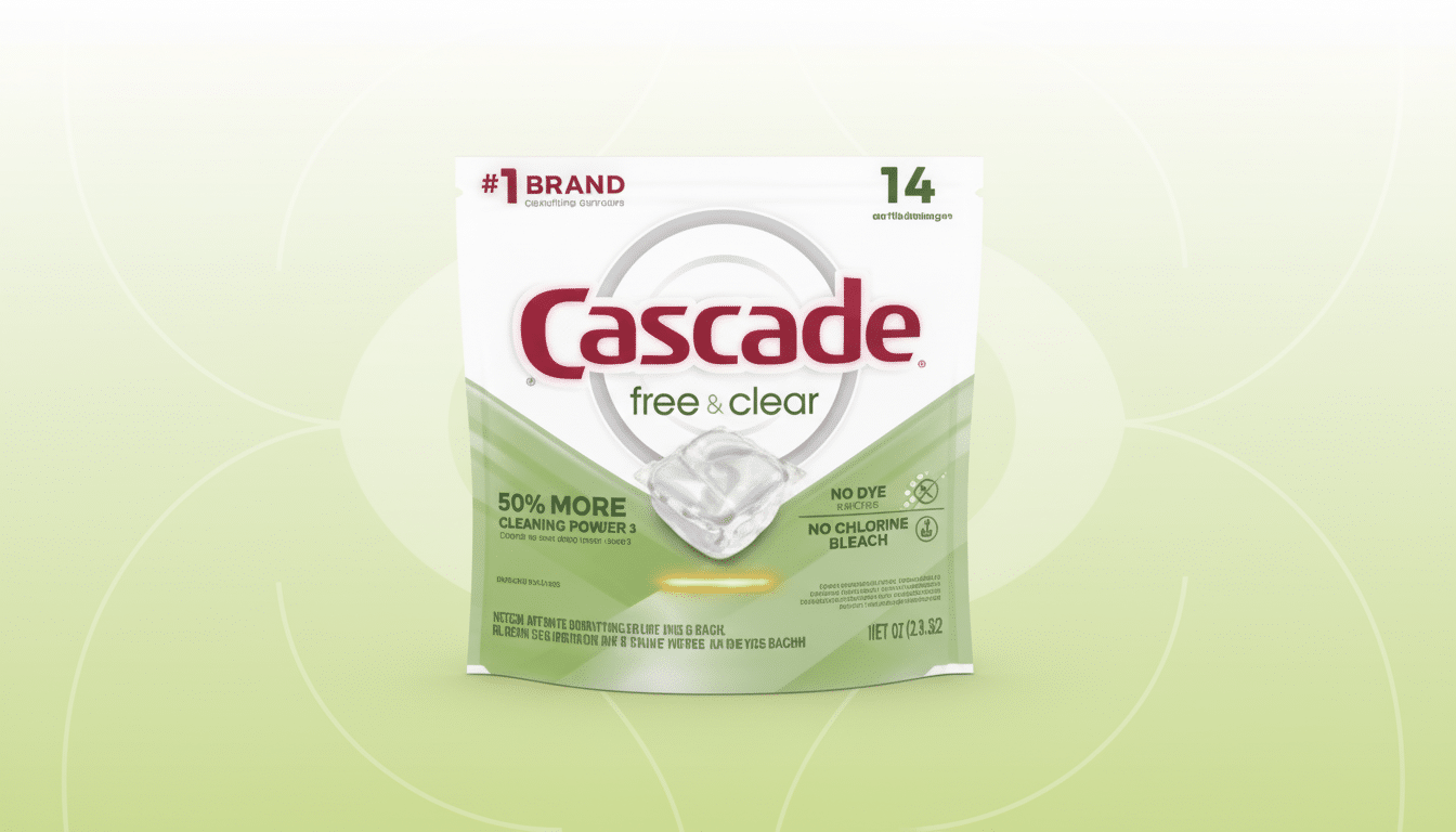 A professionally enhanced image of Cascade Free & Clear dishwasher detergent pods in a 16:9 aspect ratio, featuring a clean, soft green gradient background.