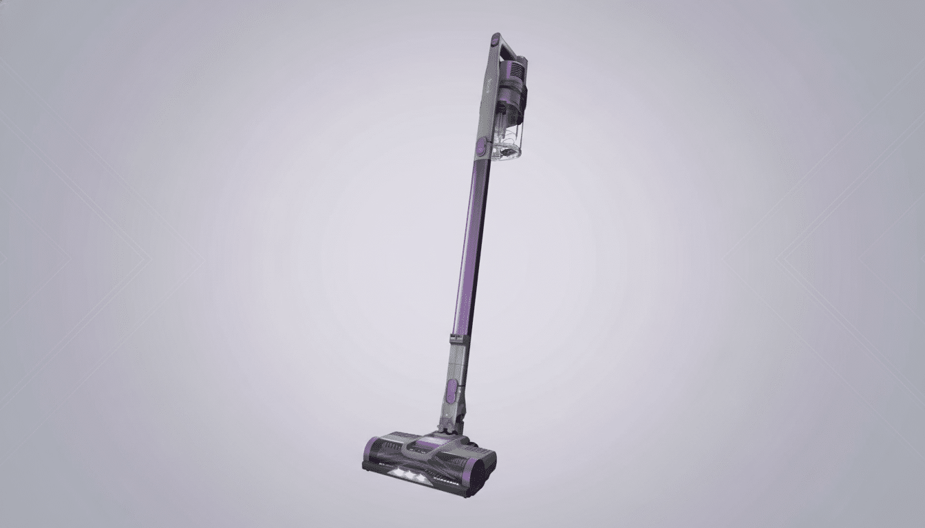 A purple and gray Shark cordless stick vacuum cleaner is centered on a light gray background with subtle geometric patterns.