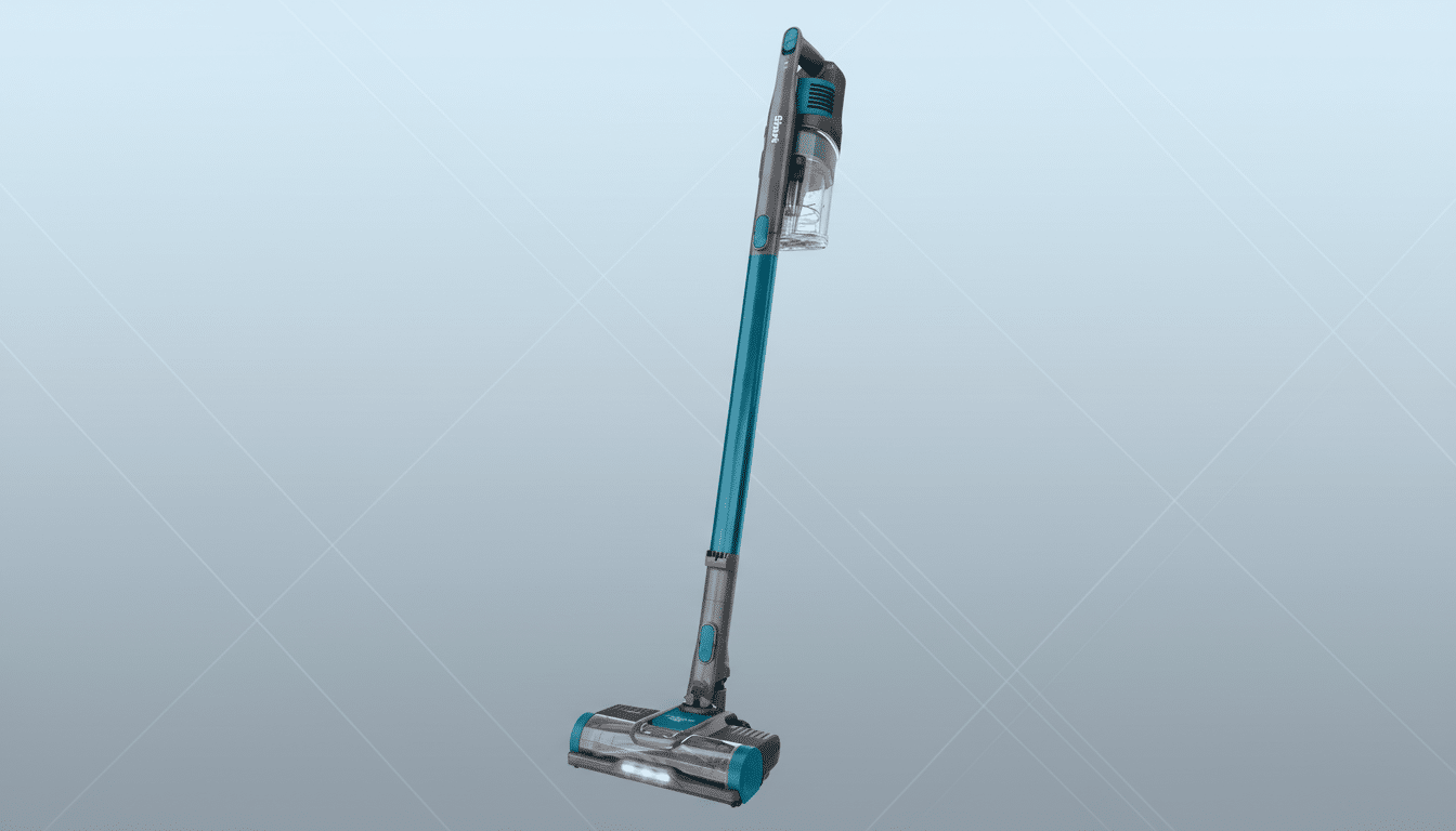 A Shark cordless vacuum cleaner with a teal and gray body, standing upright on a light blue background with a subtle grid pattern.