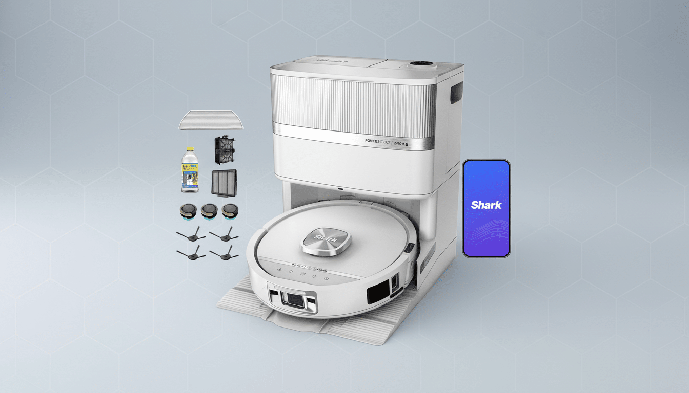 A white Shark AI Ultra robot vacuum with a self-empty base, accompanied by various accessories including filters, brushes, and a cleaning solution bottle, all presented on a professional flat design background with soft patterns.