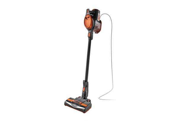 A black and orange Shark Rocket corded stick vacuum cleaner is shown at a slight angle on a white background.