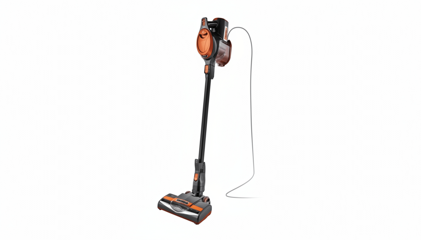 A black and orange Shark Rocket corded stick vacuum cleaner is shown at a slight angle on a white background.