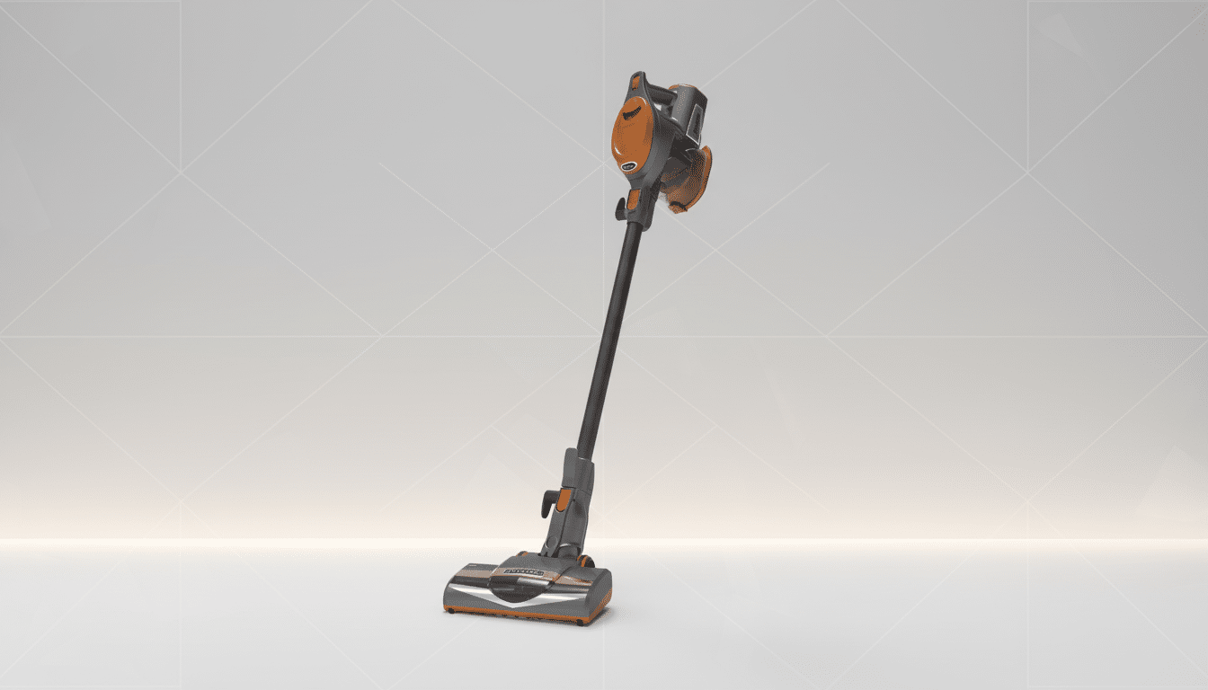 A professional image of a Shark cordless vacuum cleaner, featuring a gray and orange design, set against a clean, light gray background with subtle geometric patterns, resized to a 16:9 aspect ratio.