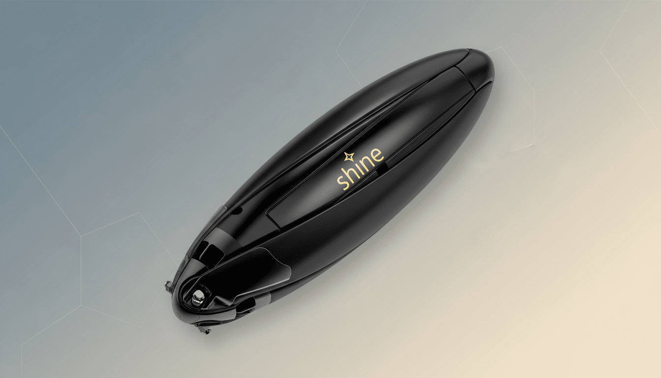 A black, sleek, oval-shaped device with the word shine and a star logo in gold on its side, presented on a professional gradient background with subtle geometric patterns.