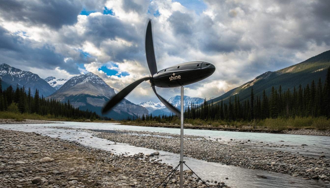 A black portable wind turbine with shine written on it, set up on a rocky riverbank with mountains and a dramatic sky in the background.