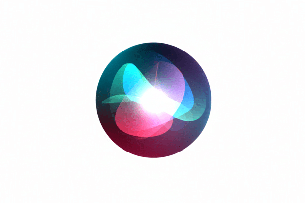 A 16:9 aspect ratio image of the Siri icon, a glowing, multi-colored orb with swirling light patterns, set against a clean white background.