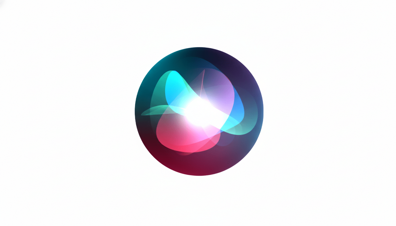 A 16:9 aspect ratio image of the Siri icon, a glowing, multi-colored orb with swirling light patterns, set against a clean white background.