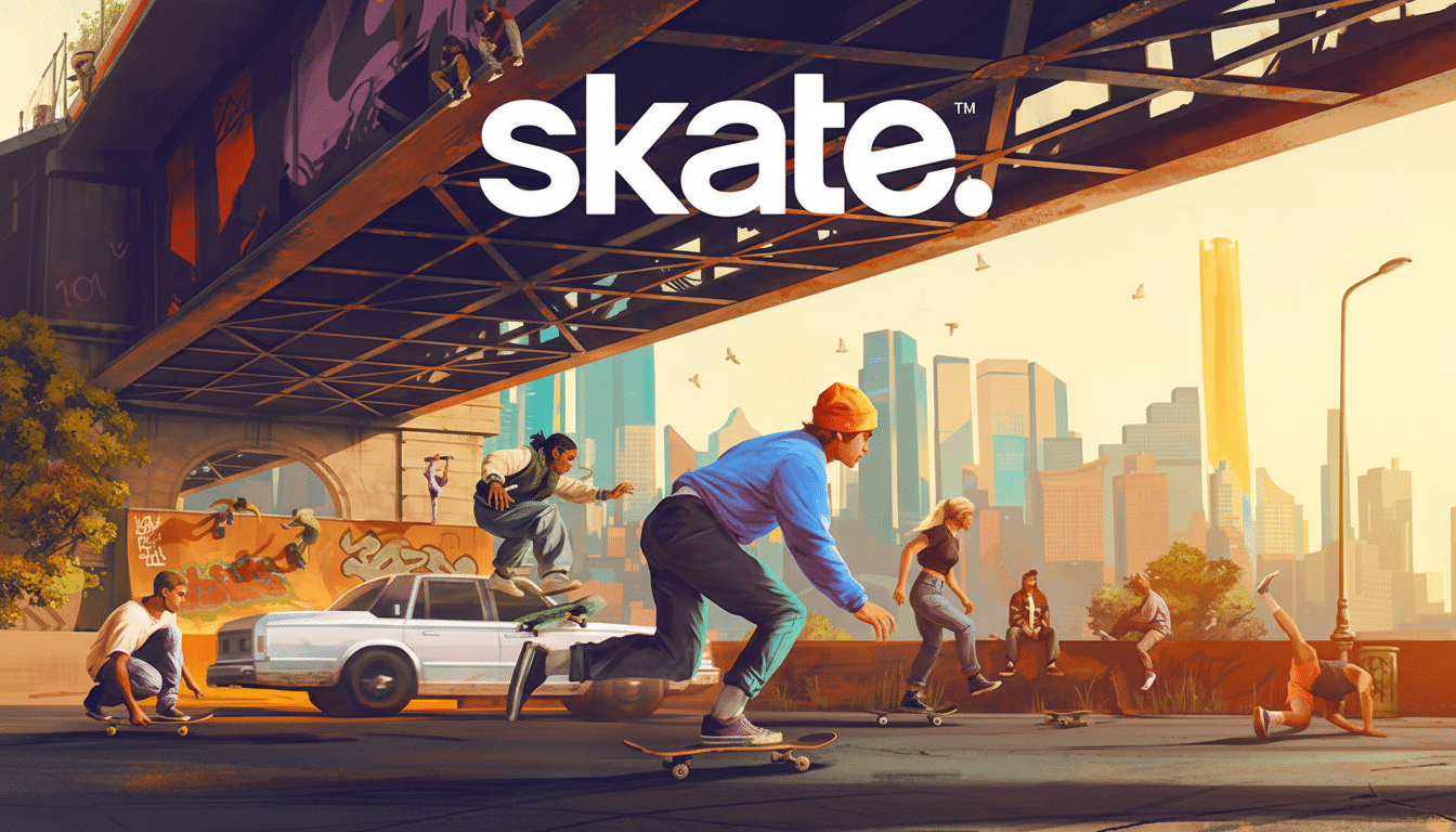 The skate. video game logo is prominently displayed above a vibrant street scene. Skaters are actively engaged in various tricks and poses, with a city skyline in the background under a warm, golden sky.