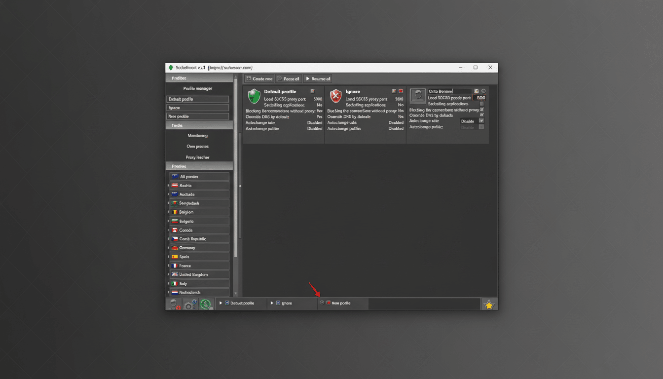 A screenshot of the SocksEscort v2.9 application interface, resized to a 16:9 aspect ratio with a professional flat design background. The application window is centered, displaying profile management, proxy settings, and a list of countries. A red arrow points to the New profile button at the bottom, and a red rectangle highlights the Octo Browser settings on the right.