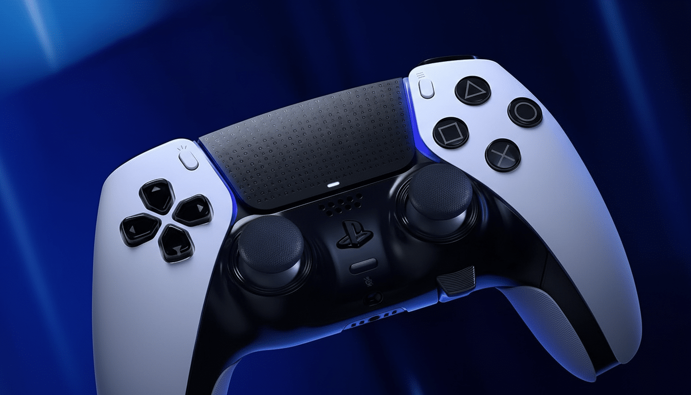 A white and black PlayStation DualSense Edge controller with blue lighting accents, set against a dark blue background.