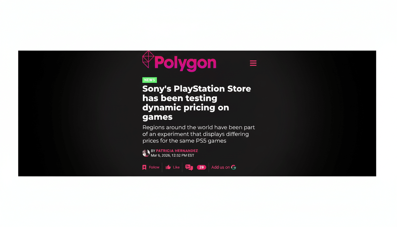 A screenshot of a Polygon article titled Sonys PlayStation Store has been testing dynamic pricing on games, resized to a 16:9 aspect ratio with a white background.