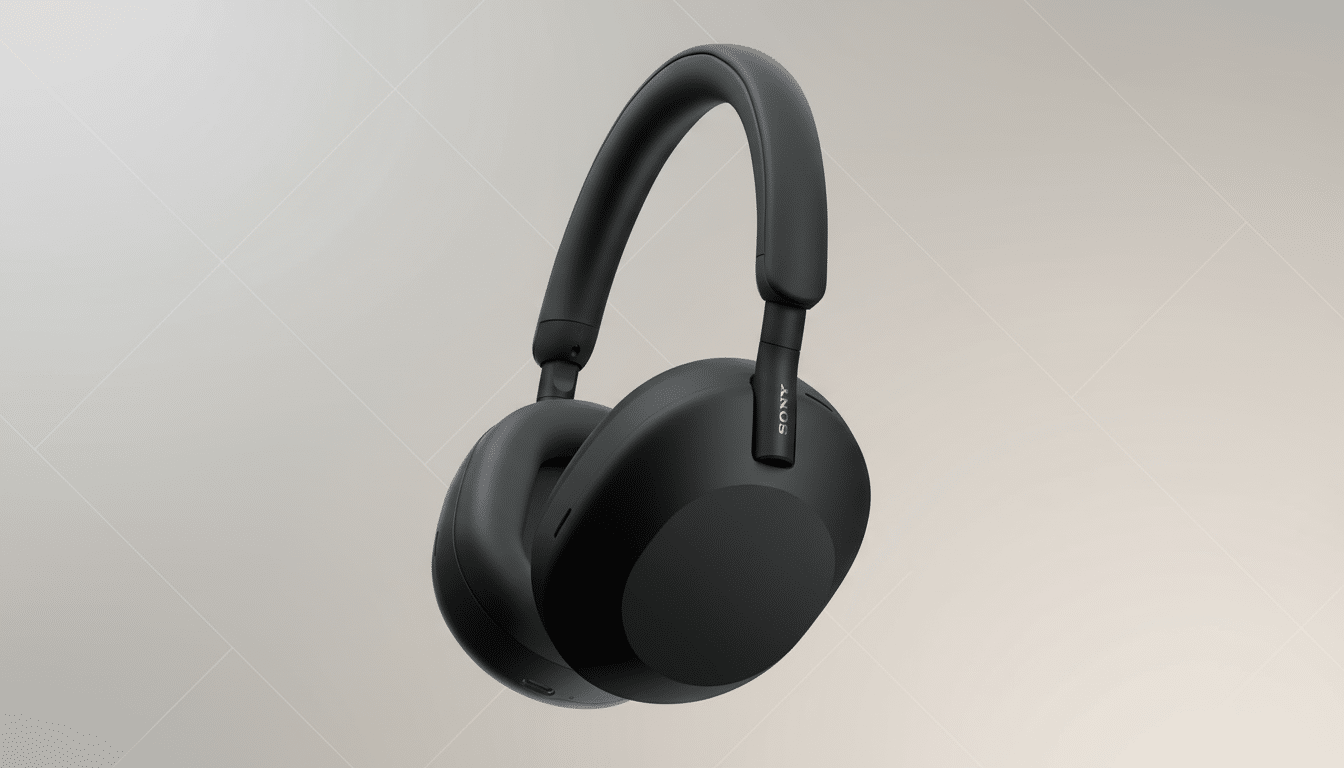 A pair of black Sony WH-1000XM5 noise-canceling headphones, presented at a slight angle on a professional flat design background with soft patterns.