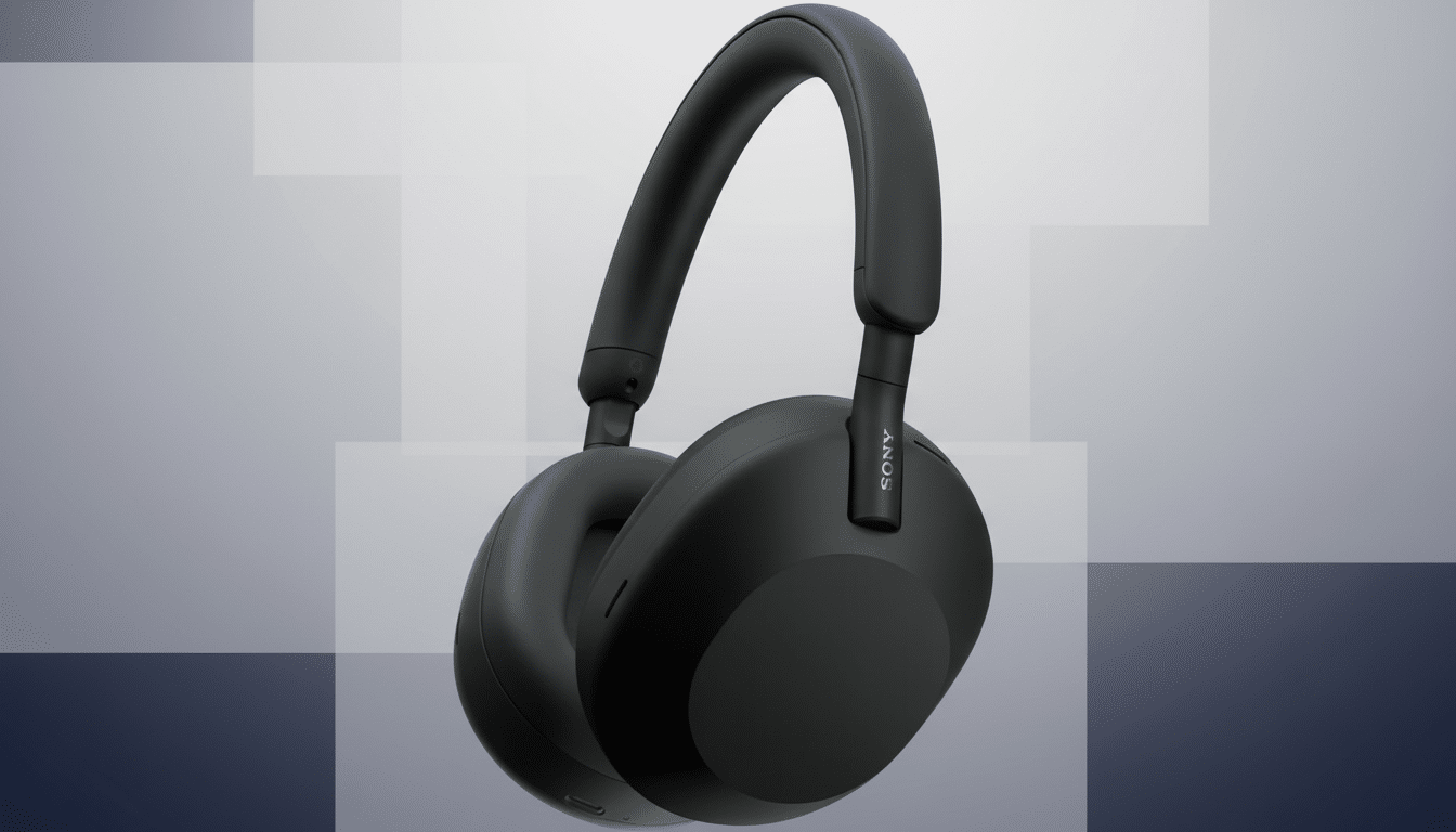 A pair of black Sony WH-1000XM5 headphones on a professional flat design background with soft patterns and gradients.