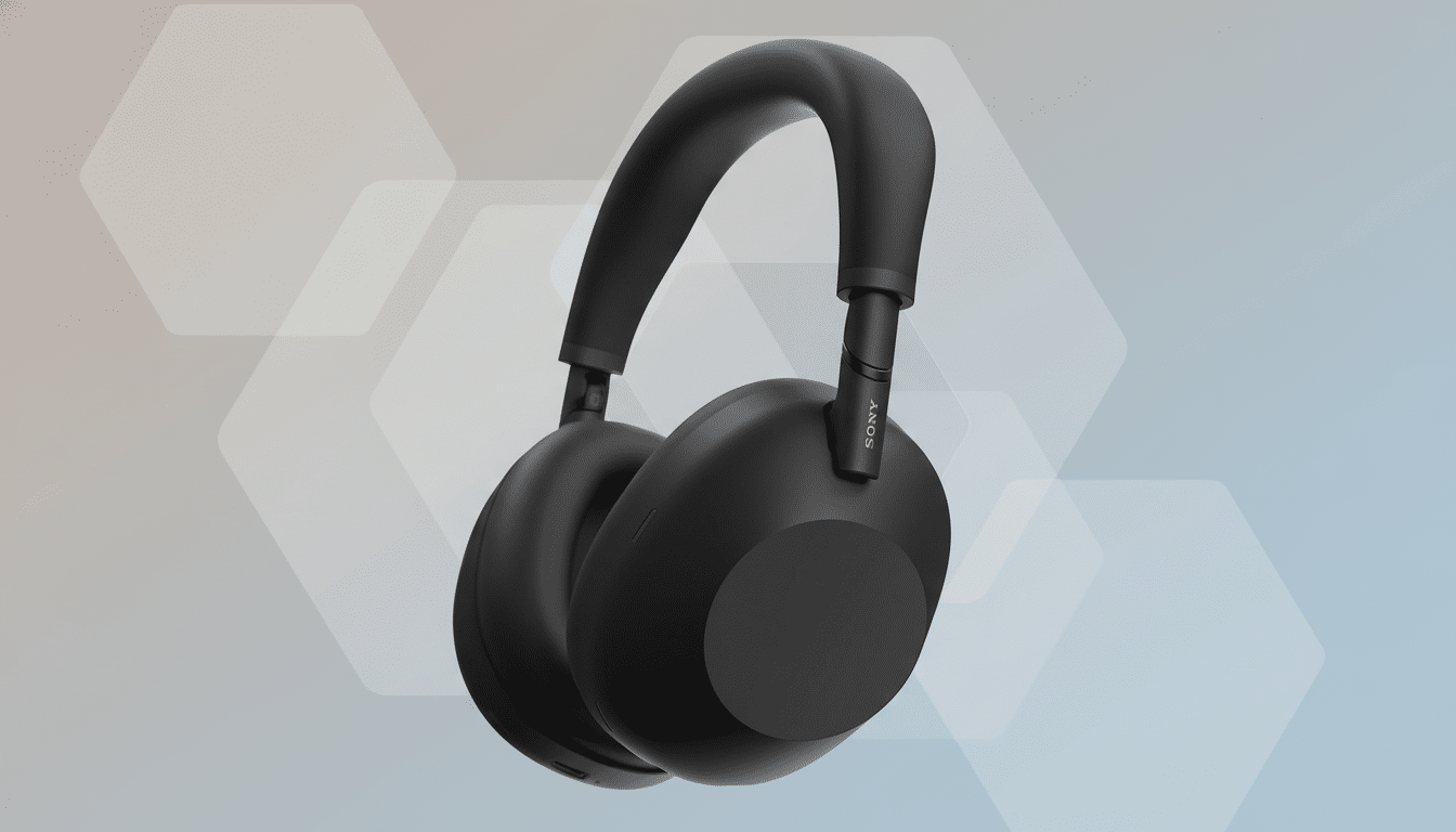 A pair of black Sony over-ear headphones with a professional flat design background featuring soft patterns and gradients.