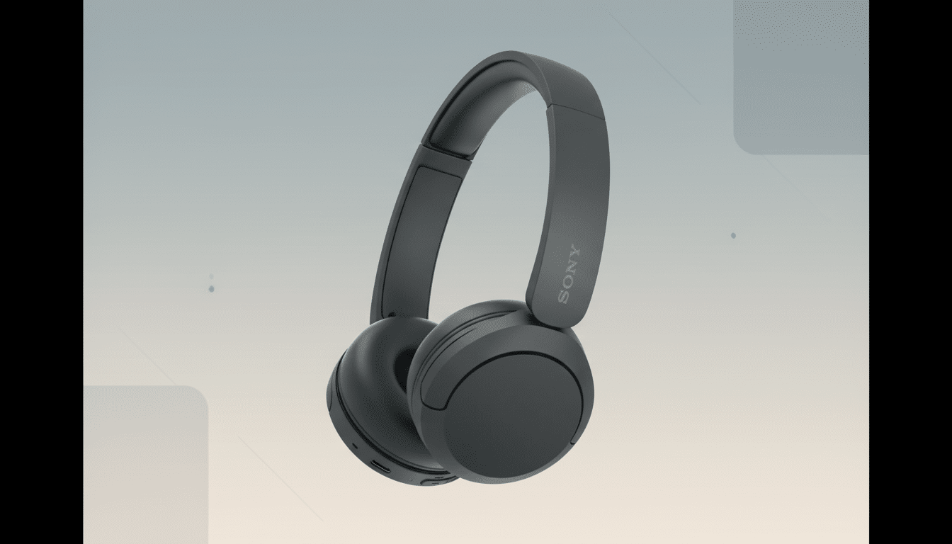A pair of dark gray Sony headphones on a professional flat design background with soft patterns and gradients.